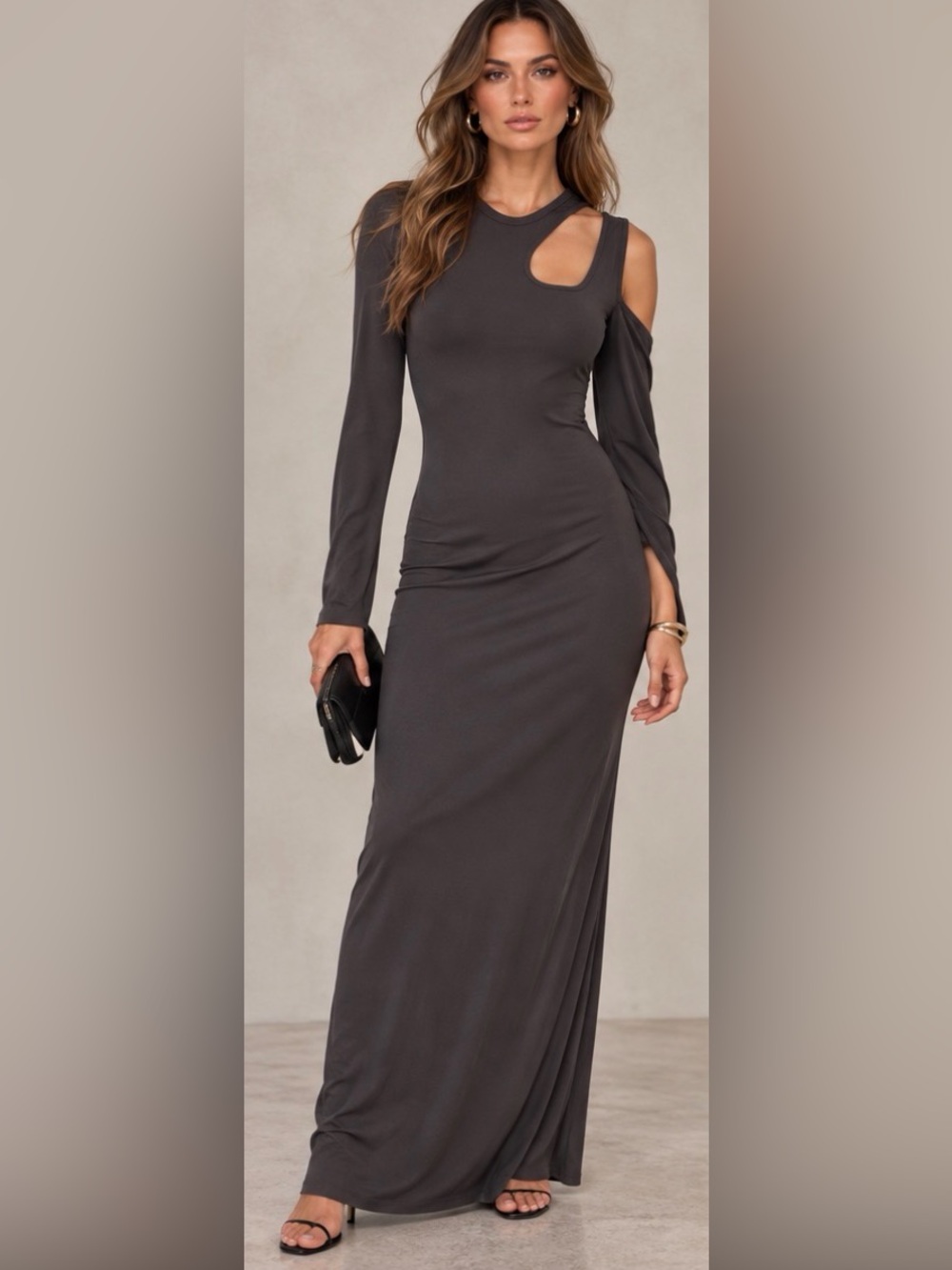 Elegant Gray Off-Shoulder Cutout Maxi Dress